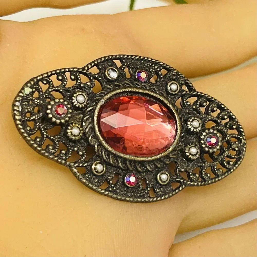 Brooch Vintage Pink Faceted Glass AB Rhinestone Filigree Silver Faux Pearl 1333